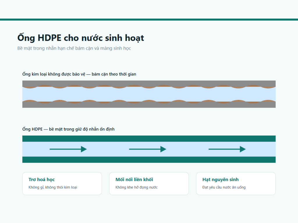 Bề mặt trong ống HDPE so với ống kim loại bám cặn