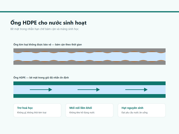 Bề mặt trong ống HDPE so với ống kim loại bám cặn