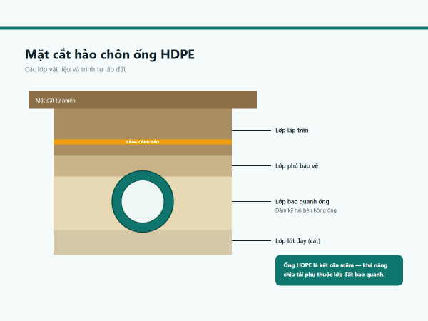 Mặt cắt hào chôn ống HDPE và các lớp vật liệu lấp